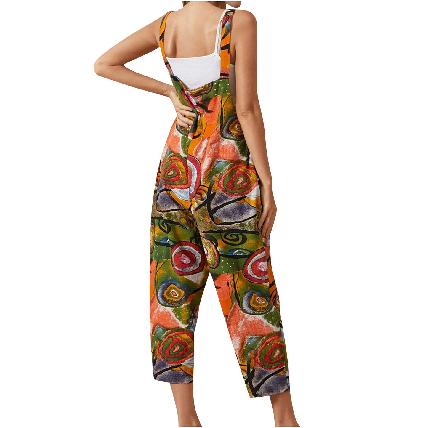 Loose Retro Printed Cotton And Linen Women's Jumpsuit